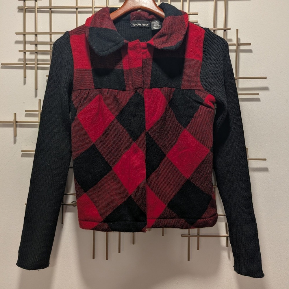 Sweater Project Buffalo Plaid Vest‎ Knit Ribbed Sweater Combo Red Black Womens M